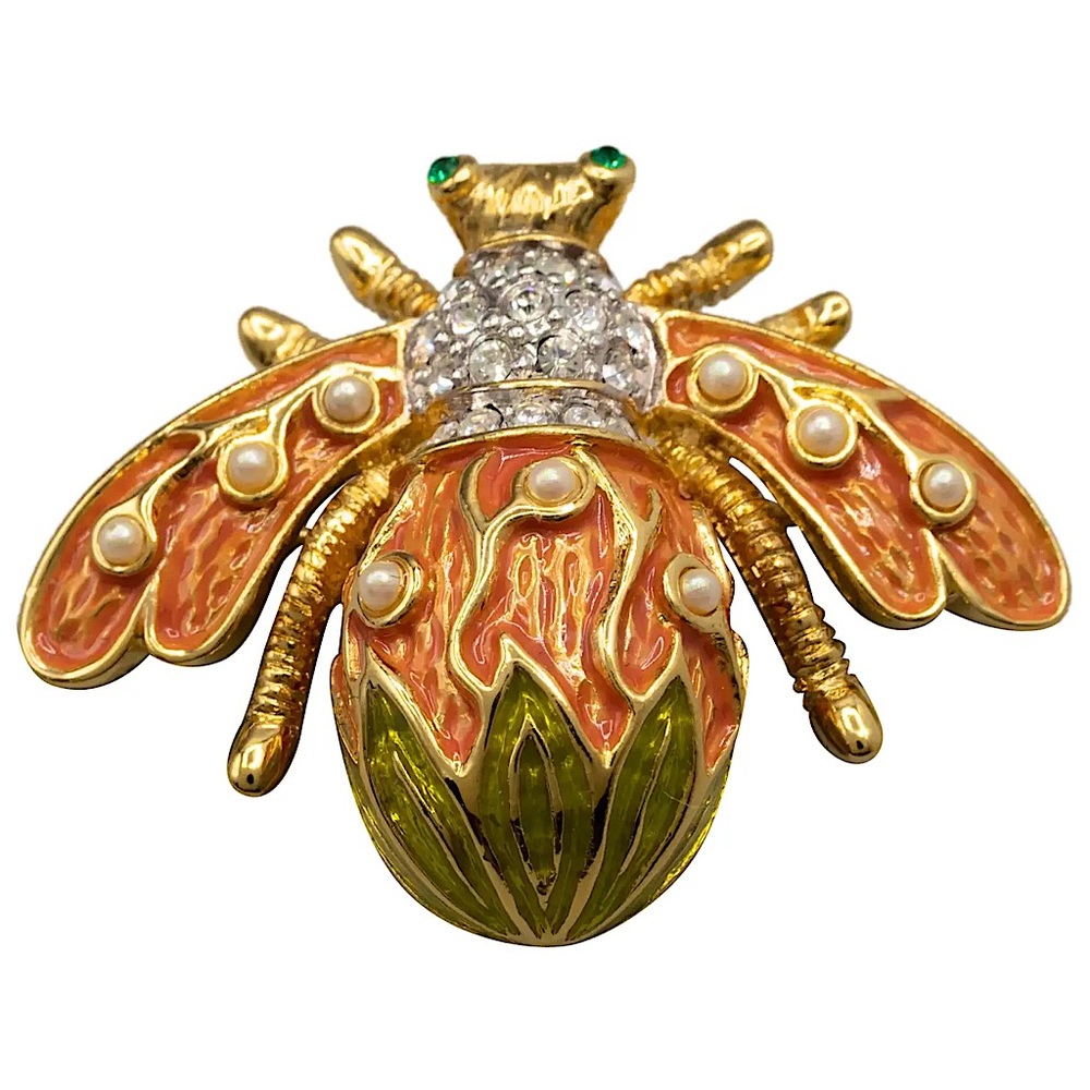 Vintage Lily of the Valley Pearl & Enamel Bee Brooch